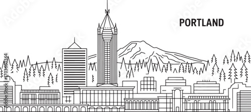 Detailed Outline of Portland Oregon Skyline Vector Illustration with Cityscape Design