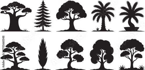Diverse Tree Silhouettes Collection Vector Illustration Set for Landscape Design and Nature Graphics