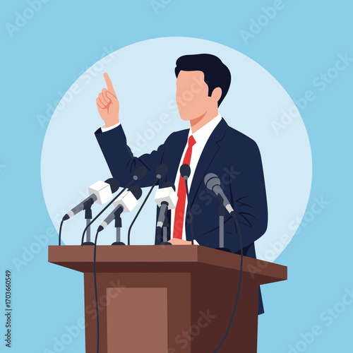 Man Speaking at Podium with Microphones and Gesturing.