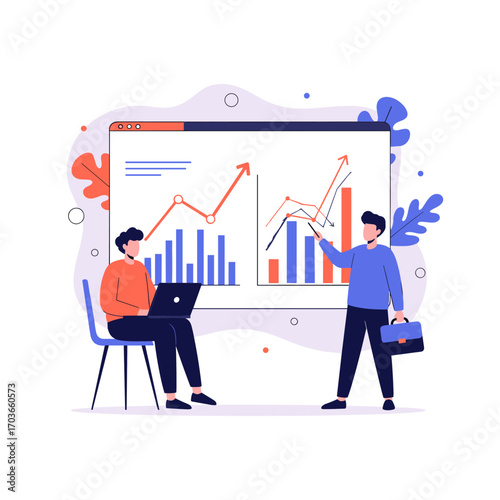 Two people analyzing financial growth charts on a laptop and screen.