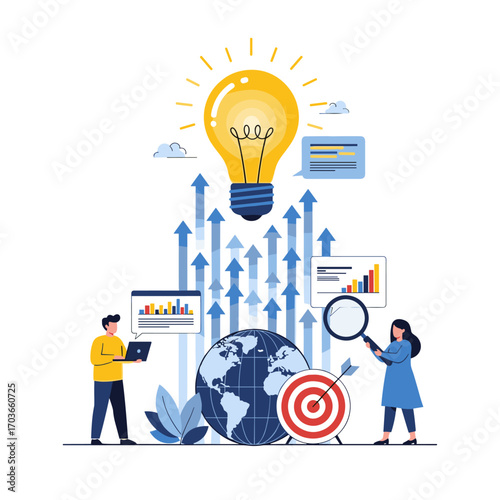 Business growth and innovation strategy with global reach and target achievement.