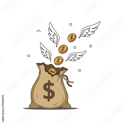 Money Flying Out of Bag with Wings Symbolizing Financial Loss.