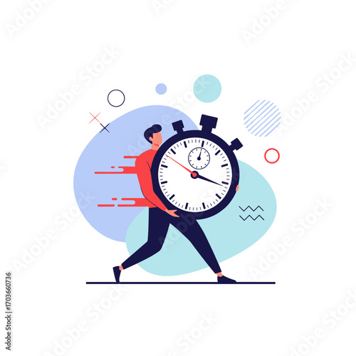 Man running fast holding a stopwatch symbolizing speed and time management.