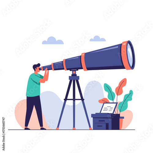 Man Looking Through Telescope Exploring Stars and Universe.