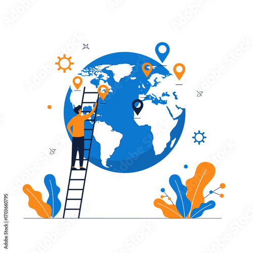 Man Climbing Ladder To Reach Globe With Location Pins.