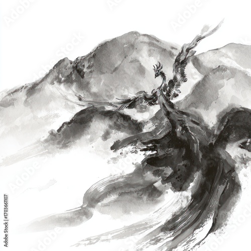Ink painting phoenix over mountains