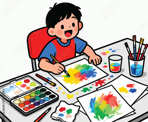little boy drawing with paints