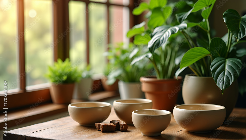 Fototapeta premium Still life of indoor plants and bowls on a wooden table near a window, with natural light streaming in. It evokes a sense of tranquility, coziness, and a connection to nature indoors
