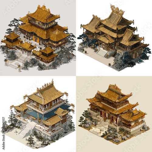 Detailed illustrations of golden Asian temples with ornate roofs and wooden structures, showcasing traditional cultural and historical architecture.