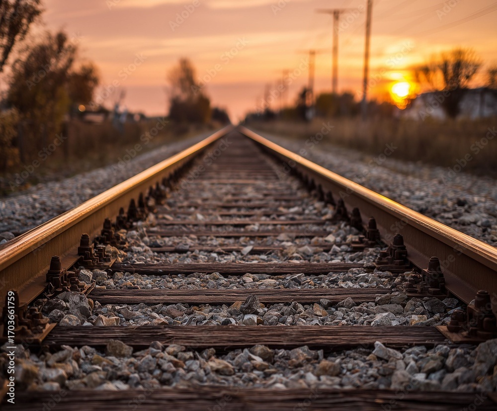 Fototapeta premium AI-generated illustration of a railway track stretches into the distance at sunset