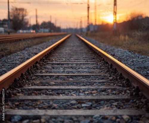 AI-generated illustration of a railway track stretches into the distance at sunset