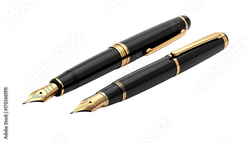 Two black fountain pens, angled, with gold nibs
