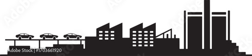 Industrial Landscape Silhouette with Cars on Elevated Roadway and Factory Buildings Vector Illustration