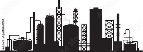 Industrial Refinery Silhouette with Tanks, Towers, and Pipelines Vector Illustration