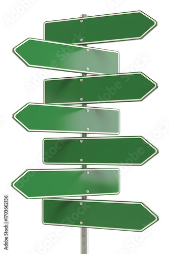 Green directional signs, multiple choices, many paths ahead.

