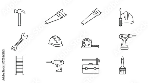 Collection of black outline construction and D I Y tools on white background hammer handsaw