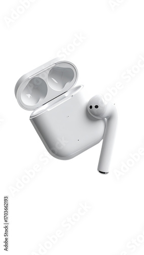 White wireless earbuds in charging case, open