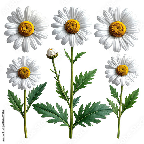 Five white daisies with green leaves, arranged symmetrically