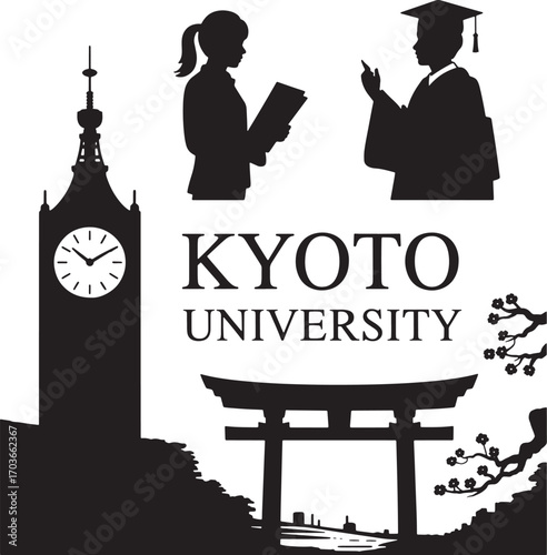 Kyoto University Silhouette Design with Clock Tower and Torii Gate on Transparent Backdrop