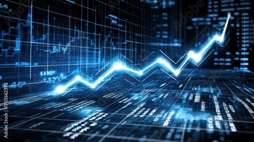 High-tech graph display with ascending trend lines, data points, and virtual grid background in blue tones