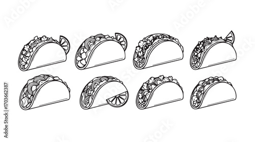 Collection of eight detailed taco illustrations in a distinctive silhouette style