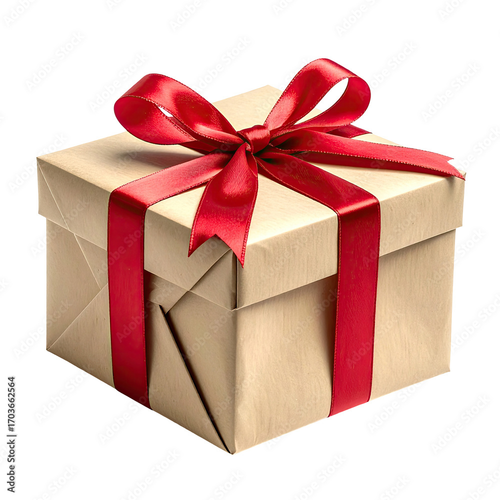 Obraz premium A square gift box, light beige/tan color, is wrapped with a red ribbon and bow
