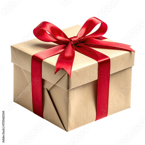 A square gift box, light beige/tan color, is wrapped with a red ribbon and bow