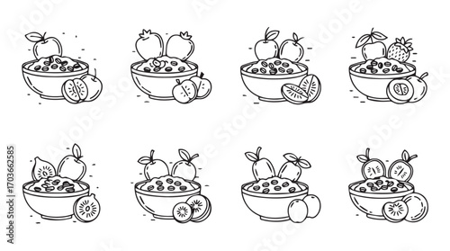 Collection of eight hand drawn black and white fruit salad bowls in a silhouette style