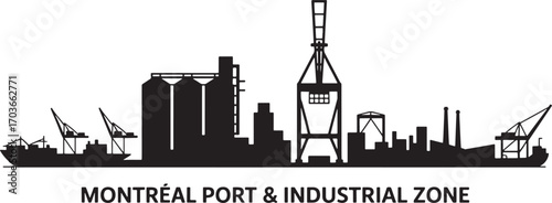 Montreal Port and Industrial Zone Silhouette Vector Illustration with Ships and Cranes