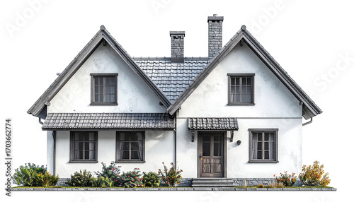 Front view of a charming, two-story, light-colored house with a dark-framed, classic design.  A small porch and landscaping in front
