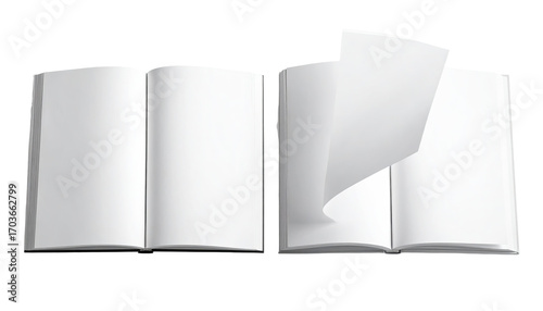 Two open books with pages fanned out, showcasing blank, white pages