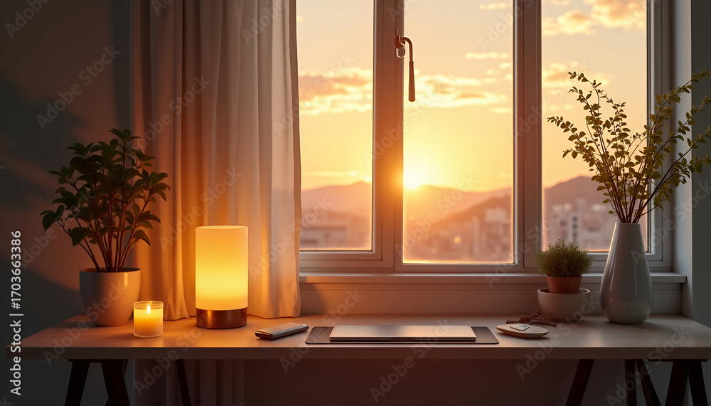 Fototapeta premium A serene workspace with a window view during golden hour. The scene features a desk with a laptop, a lamp, potted plants, and a candle, bathed in warm sunlight