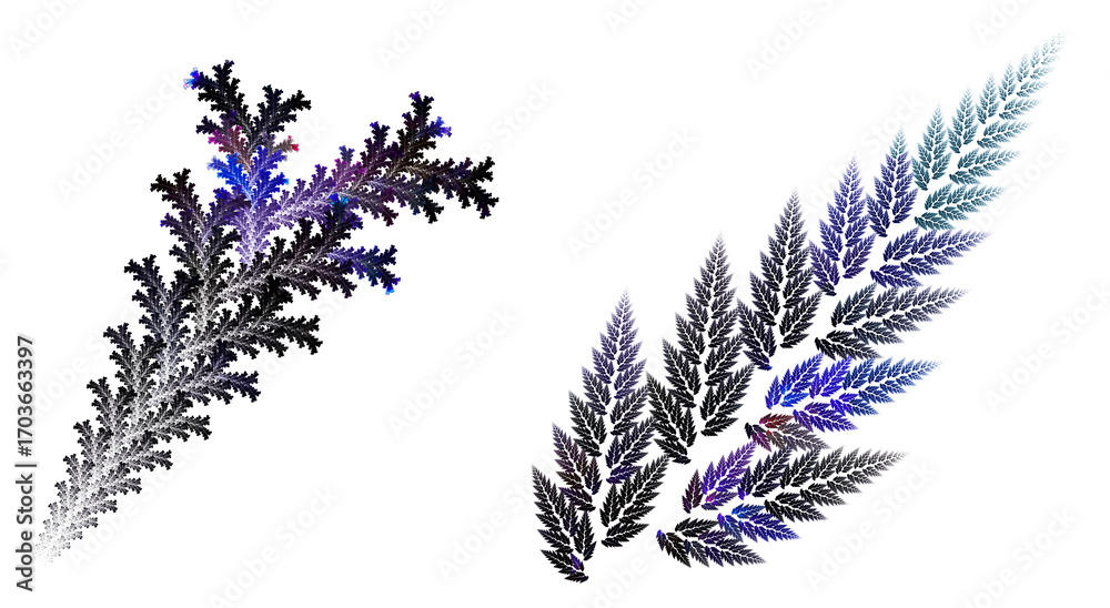 Fototapeta premium Abstract twigs with needles and leaves isolated on a white background. Set of graphic design elements. 3D rendering. 3D illustration