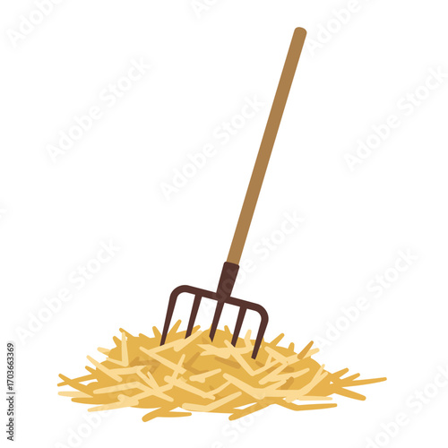 A simple vector illustration of a pitchfork with a wooden handle standing in a pile of hay.