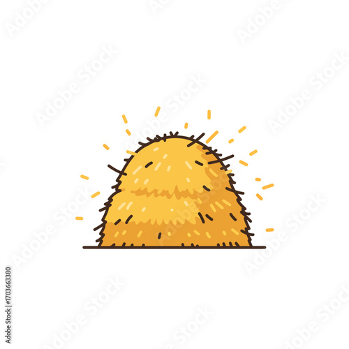 A cartoon illustration of a bright yellow haystack with radiating lines suggesting warmth or light.