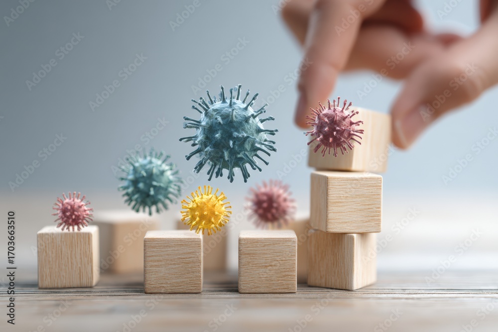 Naklejka premium Hand placing blocks, virus models above