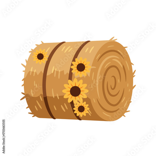A rustic cylindrical hay bale decorated with bright yellow sunflowers, evoking a farm or autumn theme.