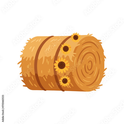 Illustration of a hay bale with sunflowers attached to it.