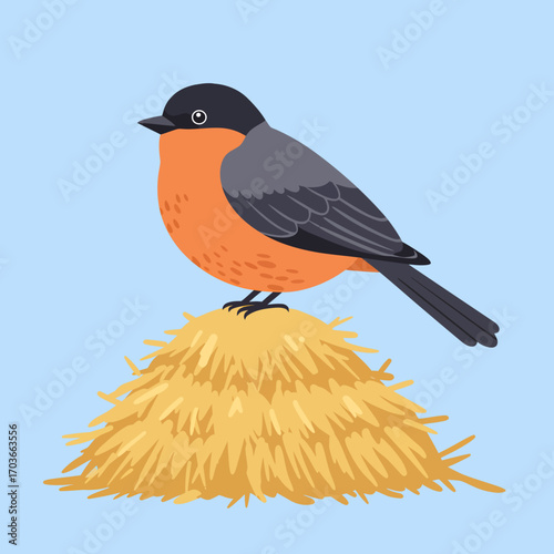 Cute Bird on Haystack Cartoon Vector Illustration