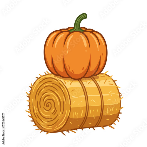 Cartoon illustration of a single orange pumpkin sitting on a golden hay bale, isolated on a white background.