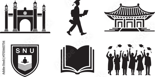 Seoul National University Icons Set Black Silhouette on Transparent Background Education and Graduation