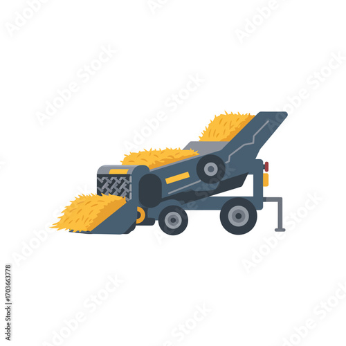 Illustration of a large agricultural machine, likely a hay or straw chopper, processing plant matter.