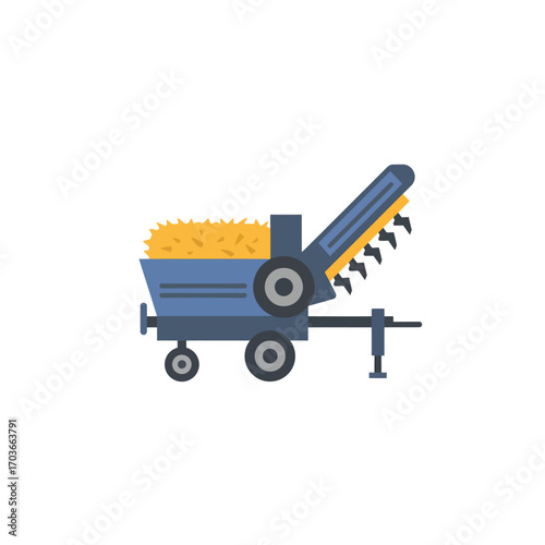 A blue agricultural hay wagon with a hay-dispensing mechanism.