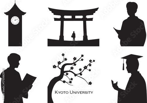 Silhouette Composition of Kyoto University Elements on a Transparent Isolated Backdrop