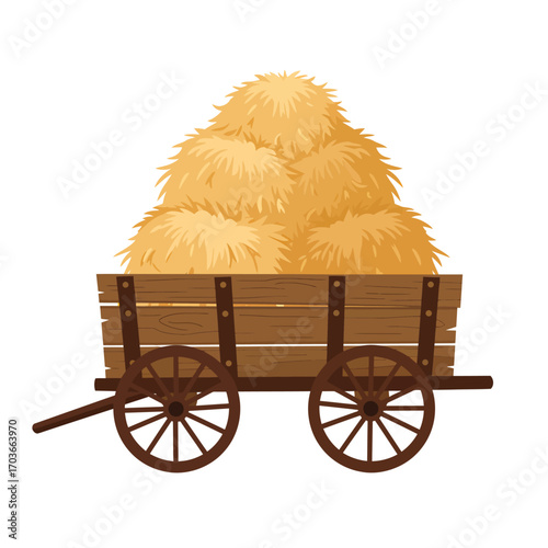 Wooden wagon loaded with hay bales, side view.