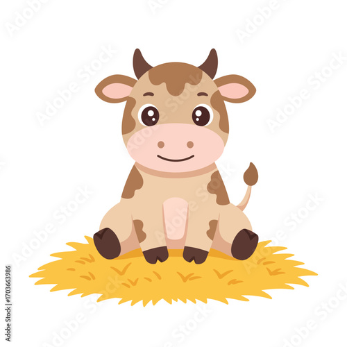 A cute cartoon baby cow character with brown spots sitting happily on a pile of yellow hay.