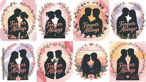 Silhouette Couple Embrace Forever Always Text Design with Floral Wreath on Watercolor Background Illustration