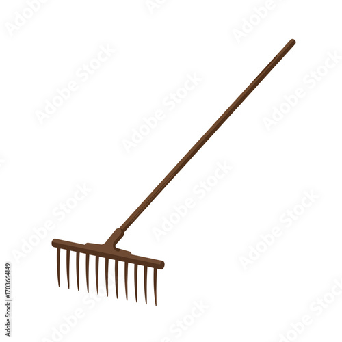 A simple illustration of a brown garden rake with a long handle and multiple tines, isolated on a white background.