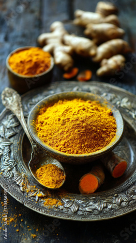 Curcumin Turmeric Powder and Root on White Background