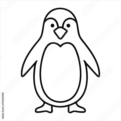 Simple black and white outline illustration of a cartoon penguin animal bird
